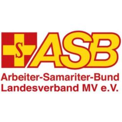 Logo des Arbeiter-Samariter-Bundes Landesverband MV e.V. mit rot-gelbem Kreuz und gelben Buchstaben auf weißem Hintergrund.