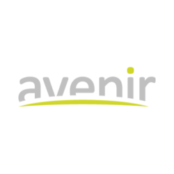 Das Logo von avenir mit grauer Schrift und gelbem Bogen, das das Unternehmen für die Digitalisierung von HR-Prozessen darstellt.