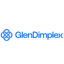 Logo von GlenDimplex mit blauem Schriftzug und abstraktem Knotensymbol auf weißem Hintergrund.