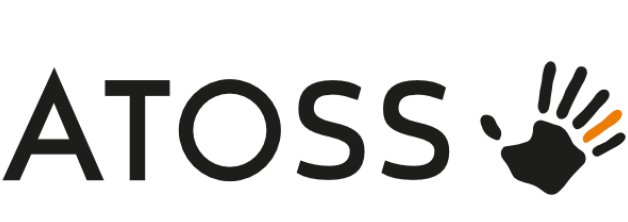 Logo der Personalcontrolling Software Atoss mit stilisiertem Handsymbol und strahlenförmigen Linien.
