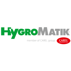 Das Logo von HygroMatik mit dem Hinweis member of CAREL group sowie dem roten CAREL Logo.